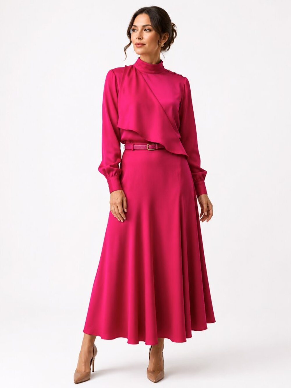 Vintage 80s Auckie Sanft Judi Fried Magenta Wool Skirt Blouse Set XS